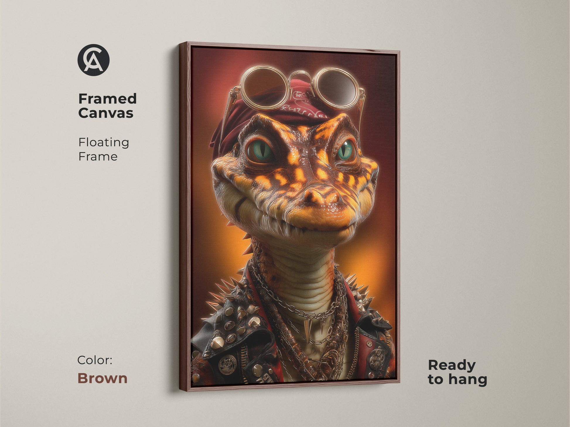 Framed canvas art of a steampunk alligator with a floating frame. The punk rock reptile art is ready to hang. The cool animal artwork features an alligator in a spiked leather jacket with a bandana. This unique reptile print adds character to a den or themed bar decor. The brown frame enhances the details.