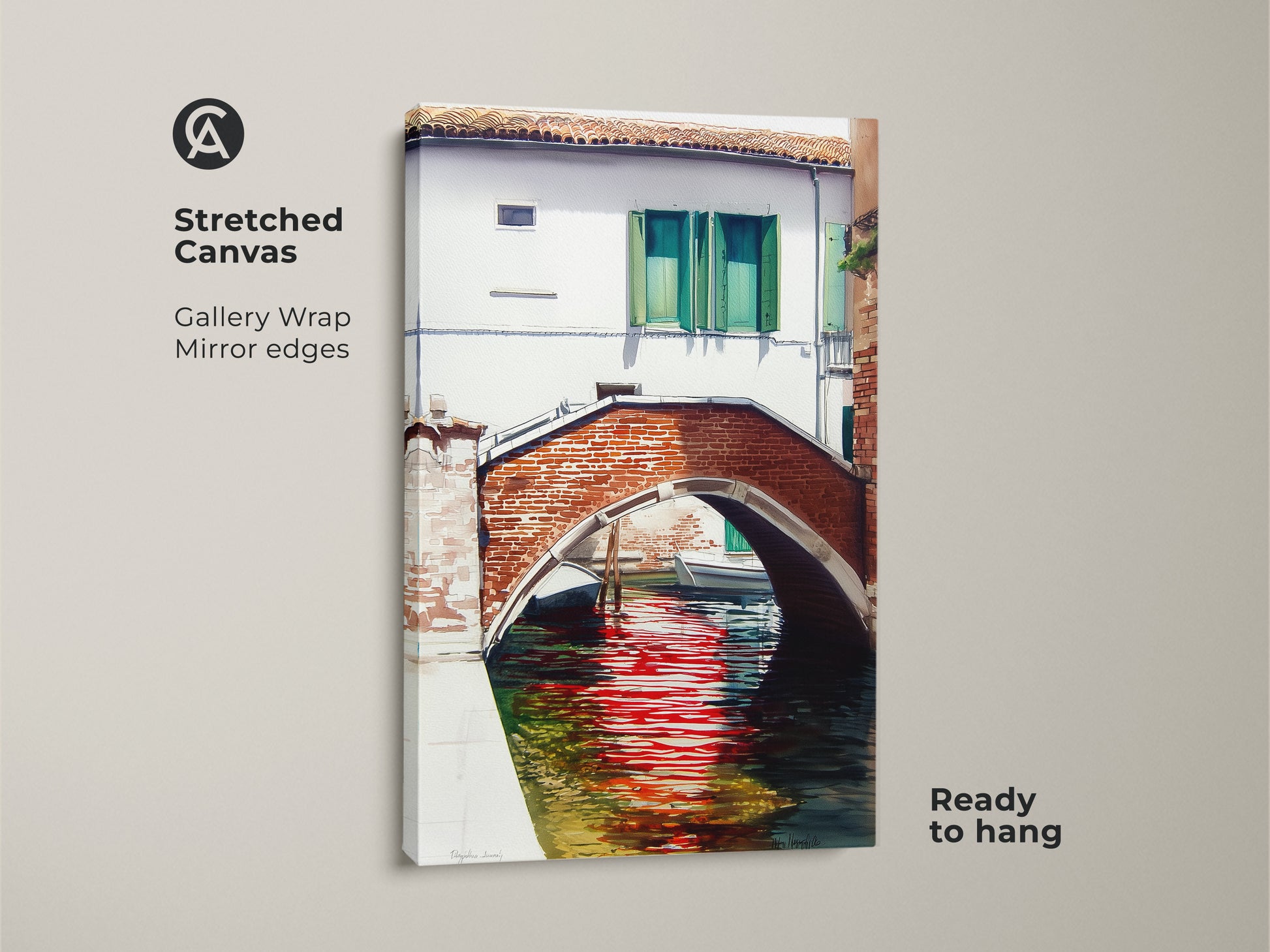 Stretched canvas gallery wrap features a Venetian canal scene with mirror edges. The red reflections on the water bring the traditional European cityscape to life. Ready to hang for easy wall decor.