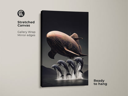Steampunk airship canvas art poster print shows dolphins leaping. This surreal fantasy artwork features copper brown tones. The eclectic home wall hanging is easy to frame. Rolled in a tube it is a great adventure themed art print.