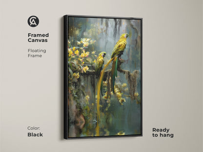 Framed in black this canvas print features two vibrant yellow parrots in their natural habitat. The floating frame enhances the photorealistic animal artwork. It's ready to hang and adds a touch of exotic bird wildlife to your home. Perfect boho jungle decor for nature and bird lovers.