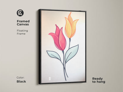 Black framed canvas of pink and yellow tulip artwork on display. The botanical floral art adds Scandinavian style. Ready to hang the contemporary frame enhances any room. This minimalist folk style piece is perfect for housewarming gifts.