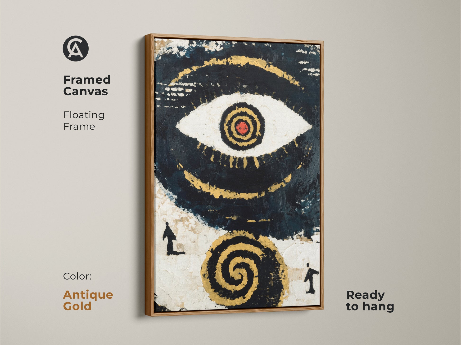 Framed Canvas with Floating Antique Gold Frame presenting Abstract Eye Wall Art. It embodies spiritual symbolism for modern eclectic decor. The unique navy black and gold artwork is ready to hang. Ideal for a housewarming gift or spiritual awakening art.
