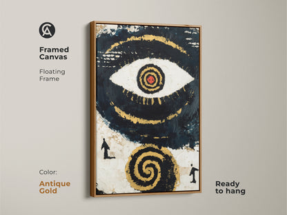 Framed Canvas with Floating Antique Gold Frame presenting Abstract Eye Wall Art. It embodies spiritual symbolism for modern eclectic decor. The unique navy black and gold artwork is ready to hang. Ideal for a housewarming gift or spiritual awakening art.