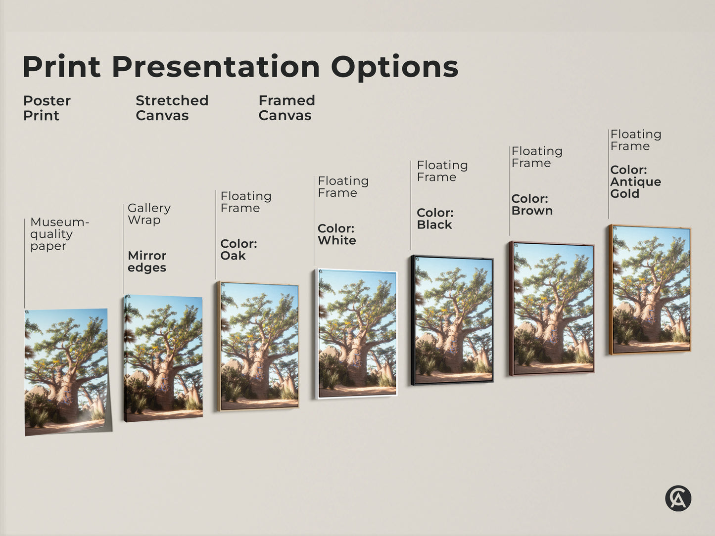 Print Presentation Options for Baobab Tree Wall Art. Choose from poster print stretched canvas or framed canvas. Options include gallery wrap floating frame and various frame colors. Find the perfect desert landscape canvas print.