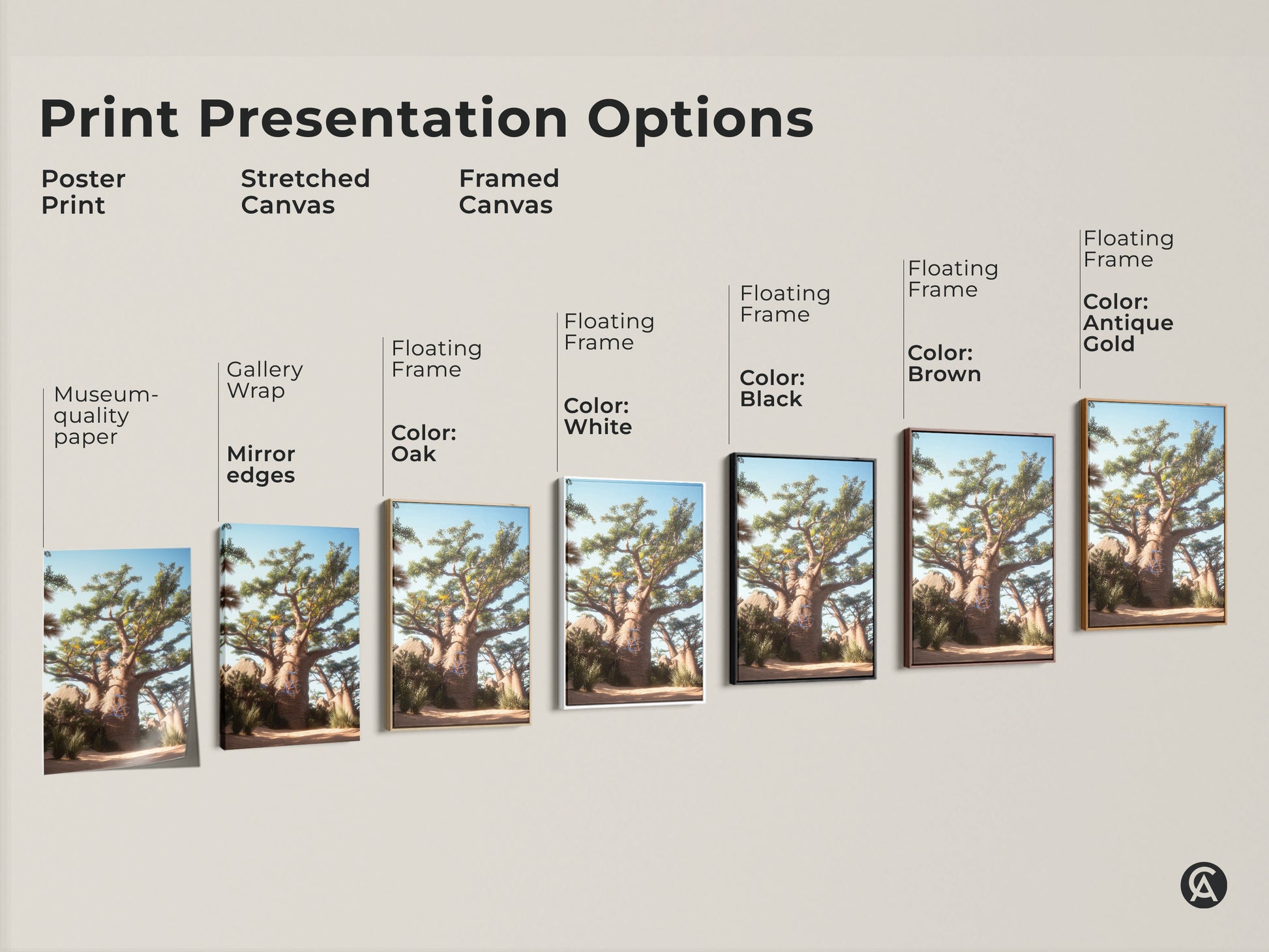 Print Presentation Options for Baobab Tree Wall Art. Choose from poster print stretched canvas or framed canvas. Options include gallery wrap floating frame and various frame colors. Find the perfect desert landscape canvas print.