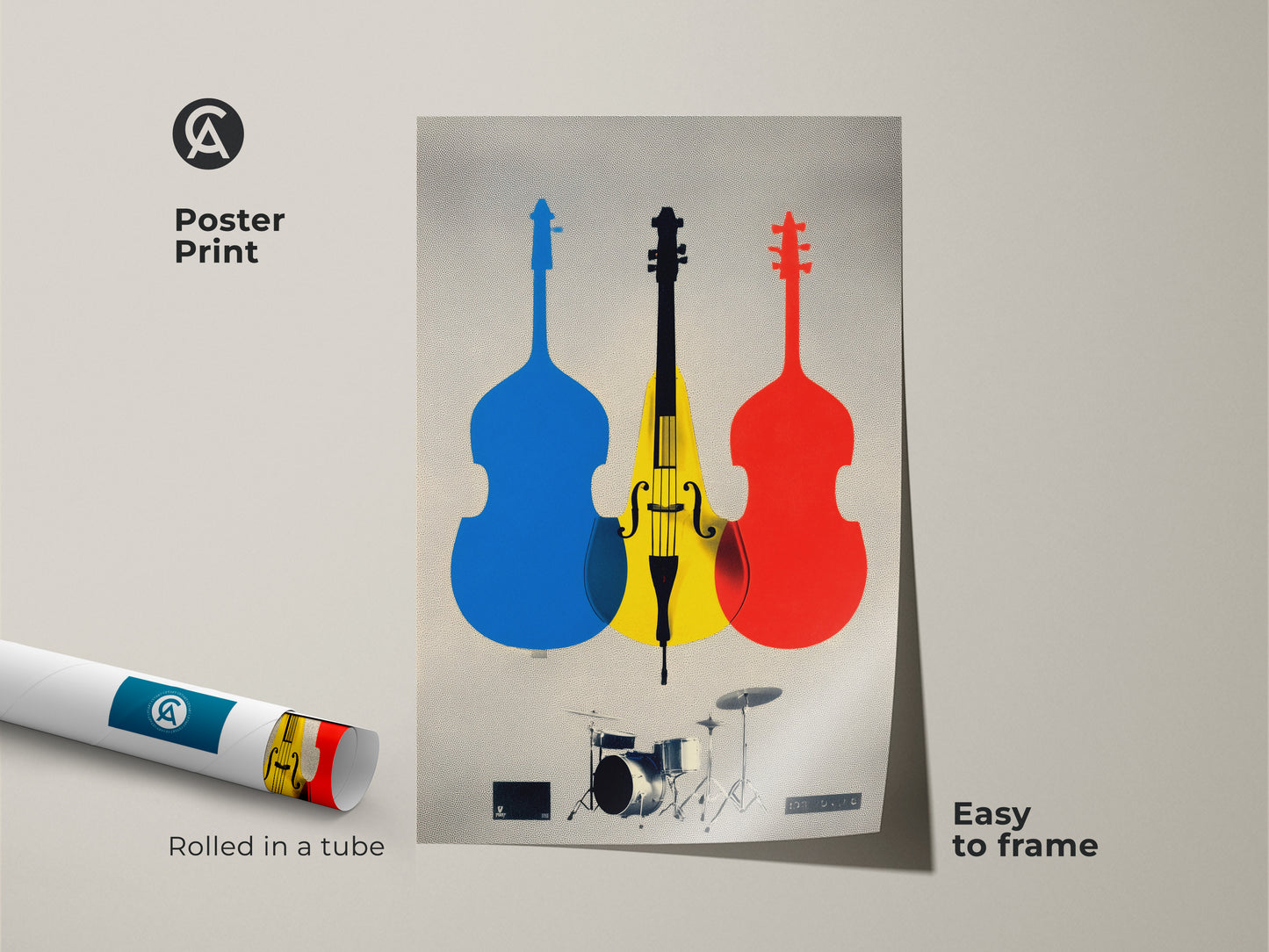 Poster print of a cello and drum set in a Mid-Century Modern style. The abstract instrument graphic art is easy to frame. It's a vibrant piece of modern music wall decor. The blue yellow and red canvas print adds color to any room. This unique music artwork is perfect as home office decor.