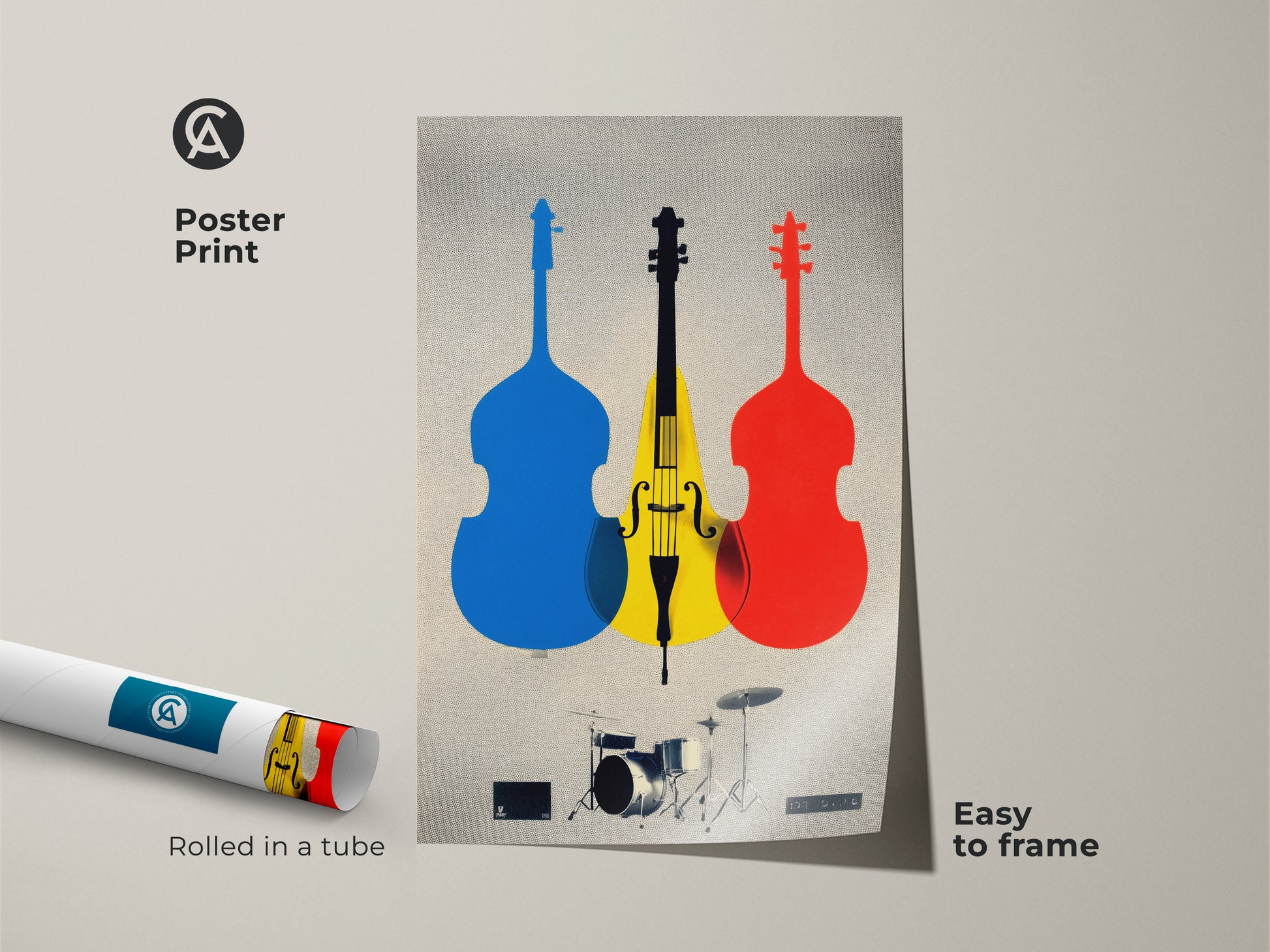 Poster print of a cello and drum set in a Mid-Century Modern style. The abstract instrument graphic art is easy to frame. It's a vibrant piece of modern music wall decor. The blue yellow and red canvas print adds color to any room. This unique music artwork is perfect as home office decor.