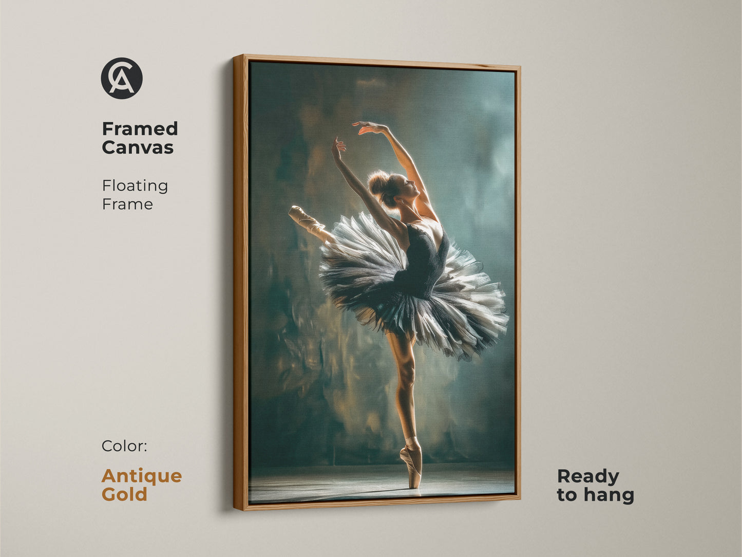 Antique Gold framed canvas of a ballerina. The ballerina is wearing a black tutu. This floating frame canvas art is ready to hang. The perfect touch of elegance for your home or studio. A stylish piece for art collectors.