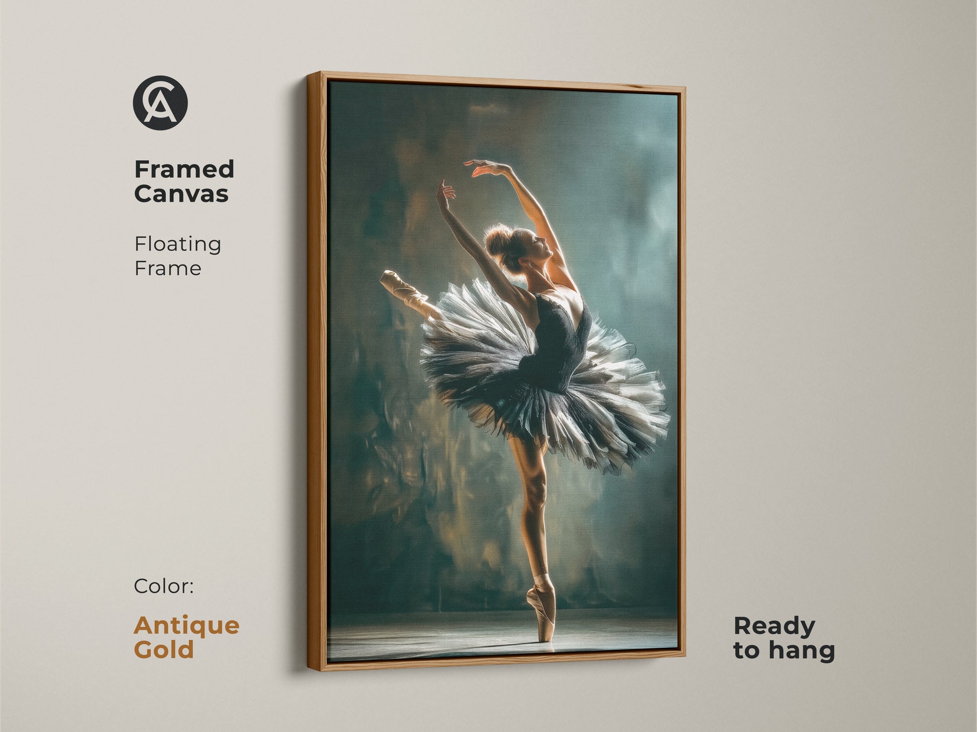 Antique Gold framed canvas of a ballerina. The ballerina is wearing a black tutu. This floating frame canvas art is ready to hang. The perfect touch of elegance for your home or studio. A stylish piece for art collectors.