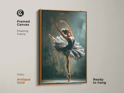 Antique Gold framed canvas of a ballerina. The ballerina is wearing a black tutu. This floating frame canvas art is ready to hang. The perfect touch of elegance for your home or studio. A stylish piece for art collectors.