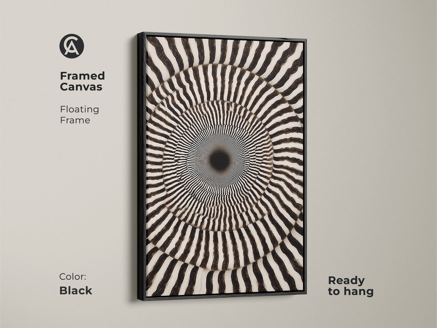 Framed Canvas of Black and White Abstract Art. This geometric swirl print creates an Op Art Concentric Circles wall decor. A contemporary piece that is ready to hang. The floating frame enhances the modern abstract artwork.