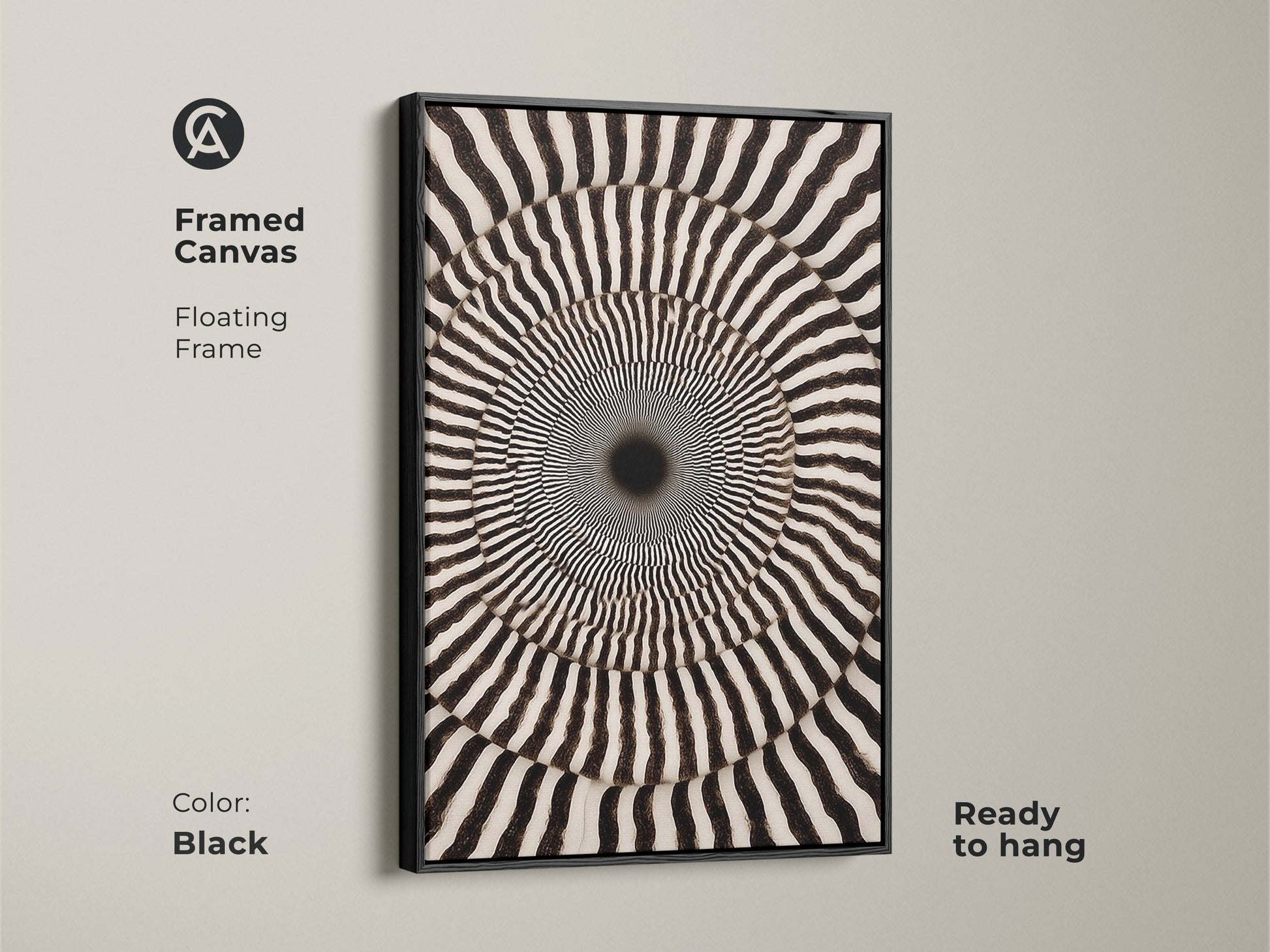 Framed Canvas of Black and White Abstract Art. This geometric swirl print creates an Op Art Concentric Circles wall decor. A contemporary piece that is ready to hang. The floating frame enhances the modern abstract artwork.
