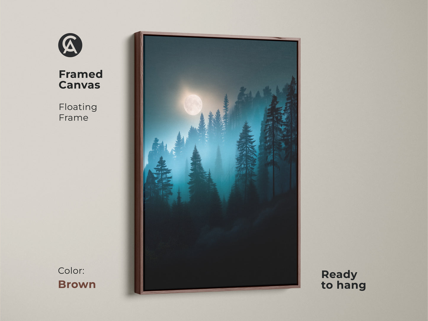 Brown framed canvas art displaying a moonlit forest. Deep blue and teal pine trees evoke a calming nature landscape. This ready-to-hang artwork complements any room.