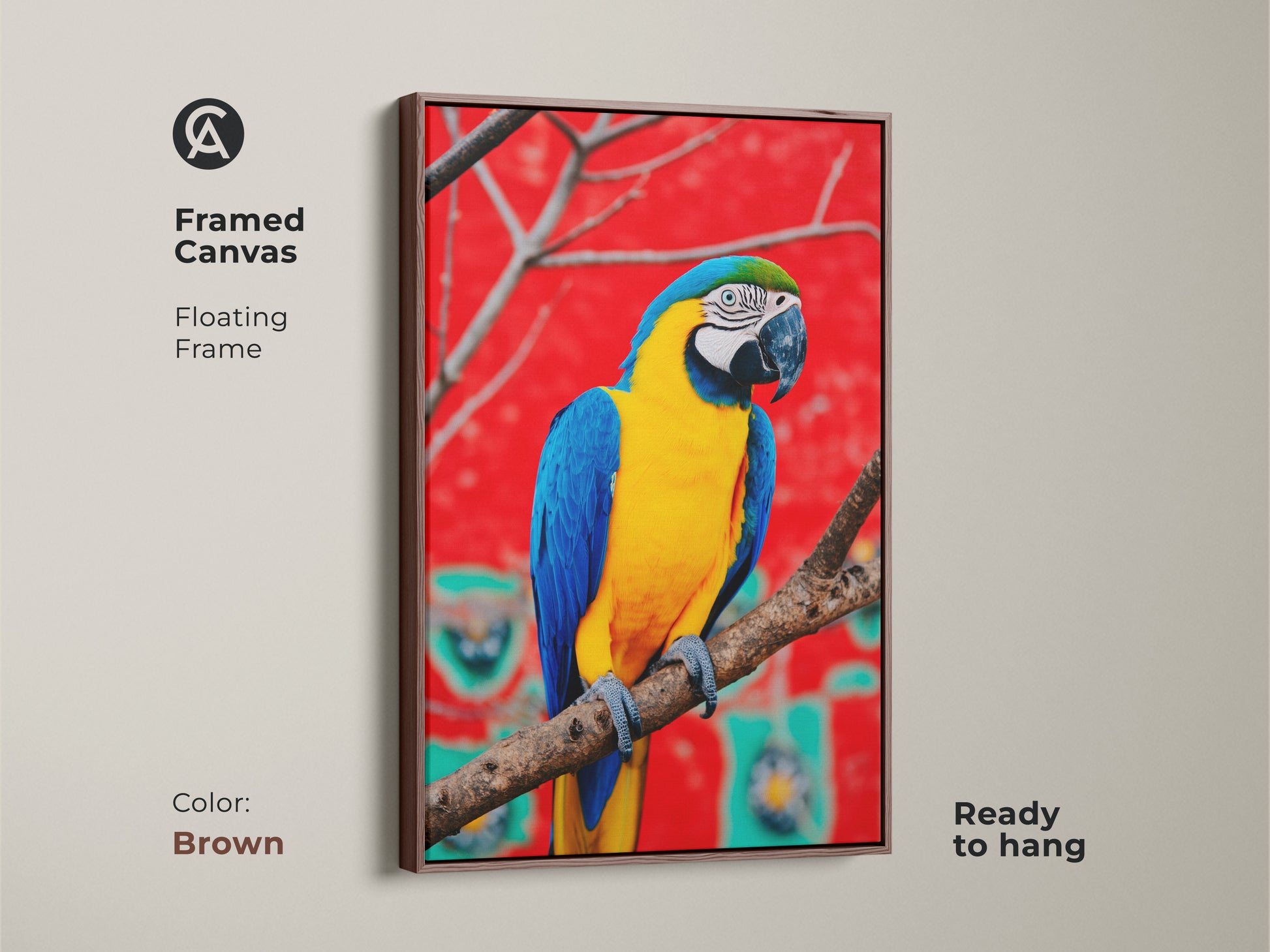 A framed canvas of a photorealistic macaw art. Floating frame with a brown finish. This tropical bird wall art is ready to hang. An animal lover gift idea for a housewarming.