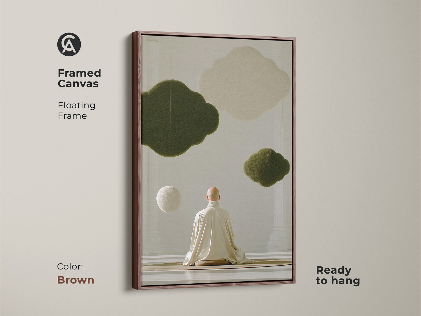 Framed canvas in brown displays zen monk meditation art. Abstract olive green clouds float in this spiritual home decor gift. The ready-to-hang minimalist artwork is great for any zen buddhism wall hanging. A calming influence.