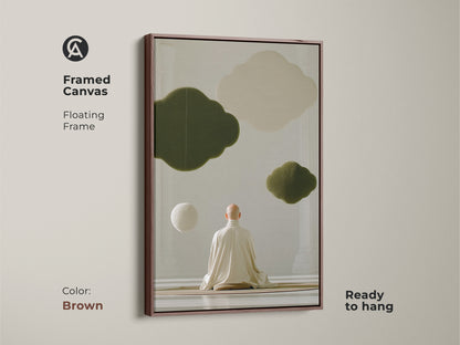 Framed canvas in brown displays zen monk meditation art. Abstract olive green clouds float in this spiritual home decor gift. The ready-to-hang minimalist artwork is great for any zen buddhism wall hanging. A calming influence.