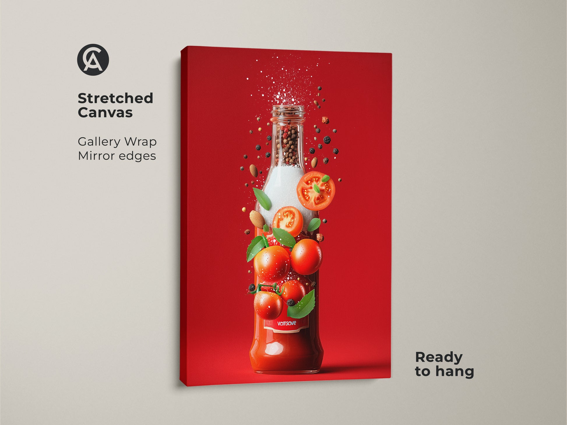 Stretched canvas tomato sauce bottle art. The art shows a bottle with tomatoes peppercorns spices and herbs. This vibrant artwork has gallery wrapped mirrored edges. The canvas is ready to hang.