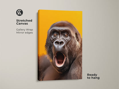 Stretched canvas print of a realistic gorilla. The primate canvas print has mirror edges. It features a yellow orange background. It is ready to hang wildlife wall art.