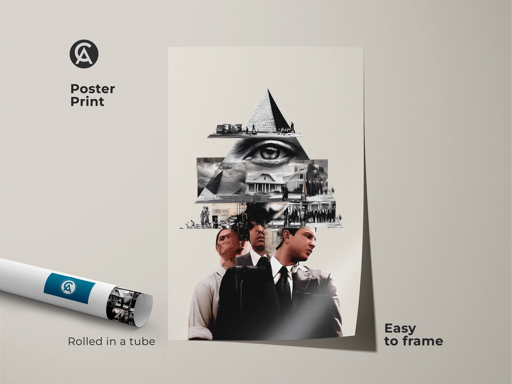 This Poster Print displays a Monochrome Eye Pyramid Collage. The art is surreal history themed. Ideal wall art for any office decor or space. This black and white art of a pyramid and eye is a conceptual piece. This print is rolled in a tube for protection.