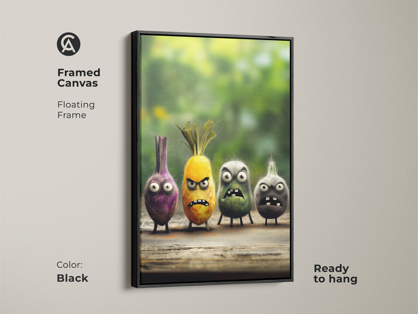 Black framed canvas with quirky food characters. It's a funny onion pineapple wall art. This cartoon kitchen art makes a great gift for foodies. The floating frame enhances the modern look. Ready to hang.