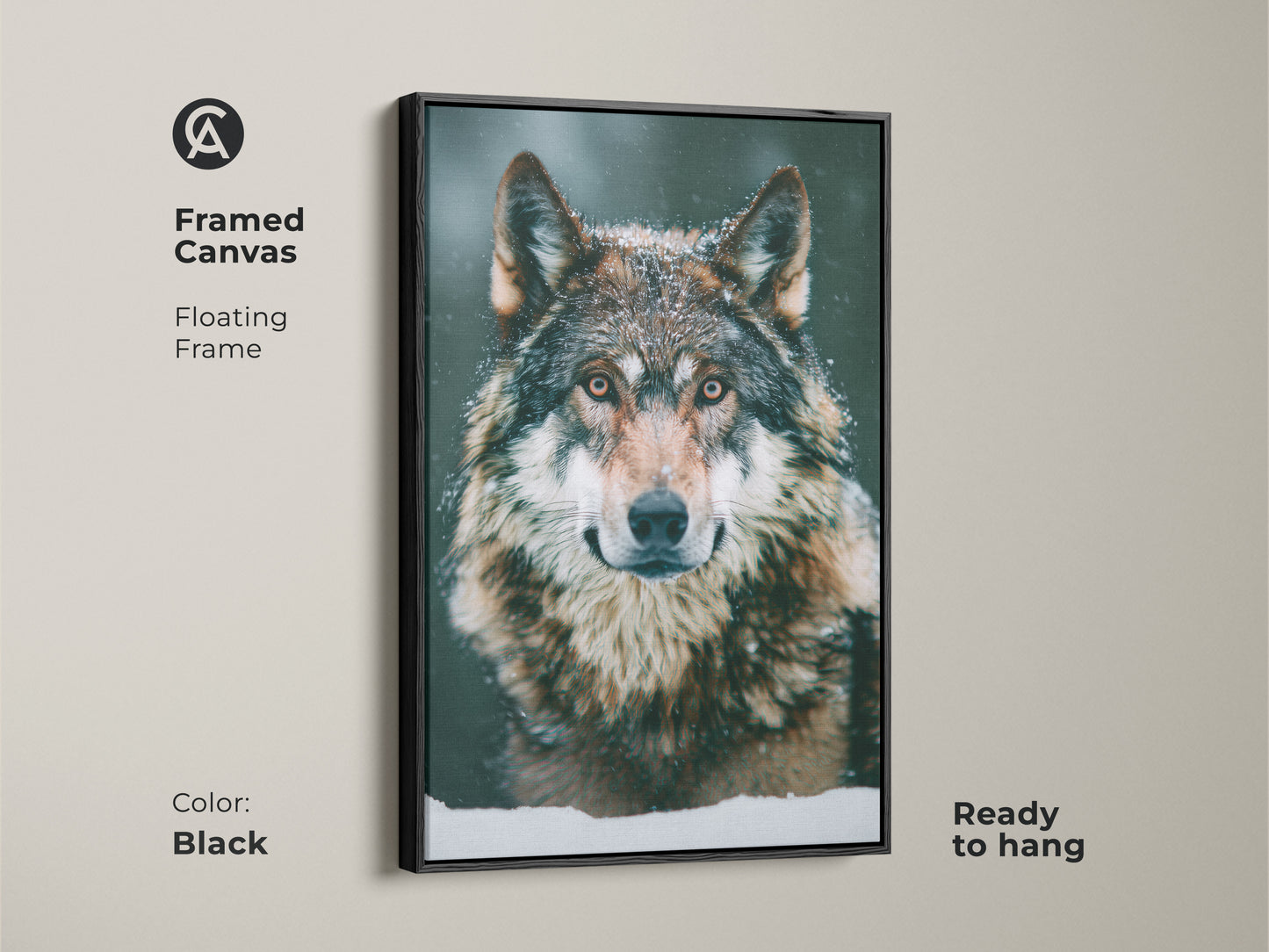 Framed canvas of a photorealistic wolf. The black floating frame adds elegance. This wildlife animal art is ready to hang. Ideal for cabin lodge wall decor. The snowy forest wolf print enhances bedroom animal artwork. It showcases winter nature decor.