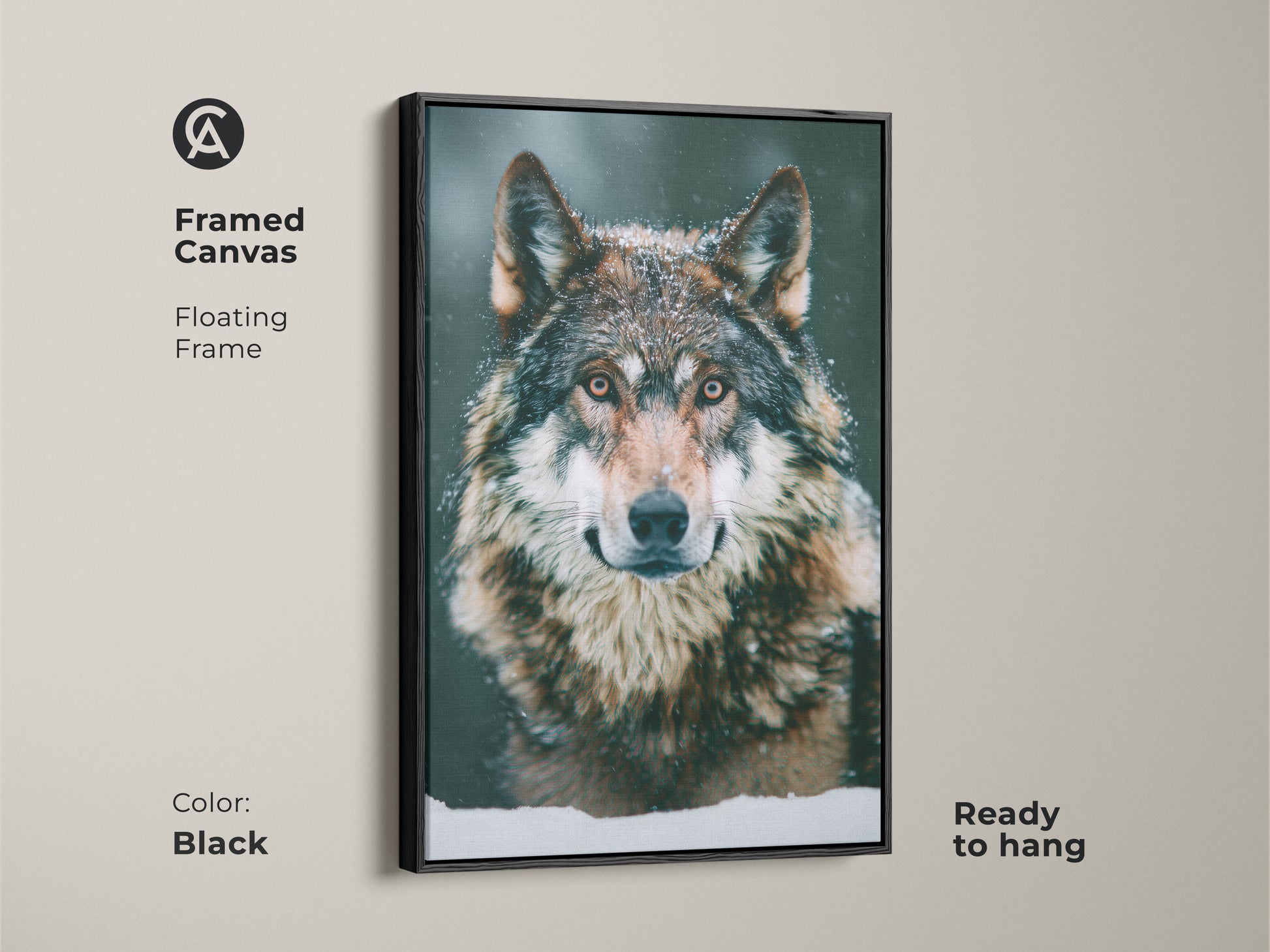 Framed canvas of a photorealistic wolf. The black floating frame adds elegance. This wildlife animal art is ready to hang. Ideal for cabin lodge wall decor. The snowy forest wolf print enhances bedroom animal artwork. It showcases winter nature decor.