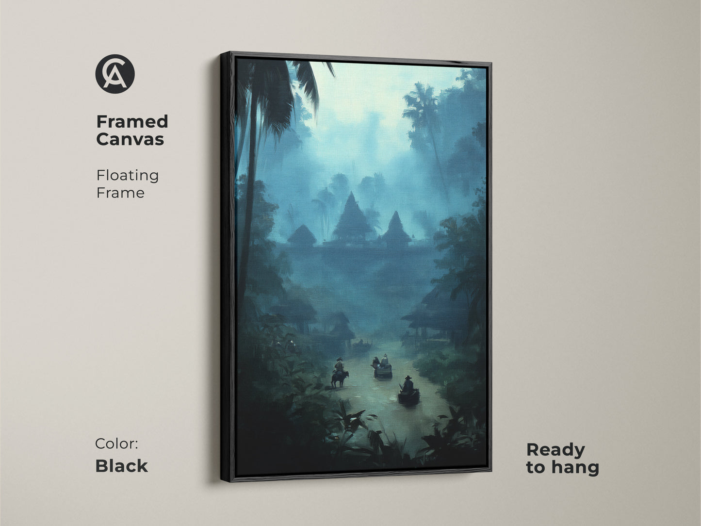 Framed canvas of a misty blue jungle river artwork. The floating frame has a black finish. This bohemian landscape art brings travel culture to any room. It is a ready to hang deep teal wall decor. The art shows the village river with boats.