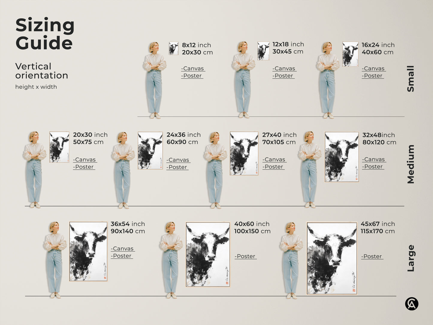This sizing guide shows a painting of a bull in various sizes. The artwork is available as a canvas or poster. See how each size fits in a room. Find the perfect size for your living space. Each option is great for home decor.