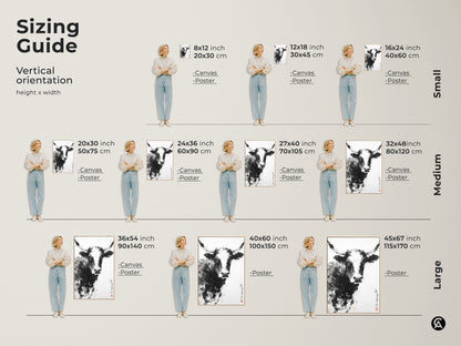 This sizing guide shows a painting of a bull in various sizes. The artwork is available as a canvas or poster. See how each size fits in a room. Find the perfect size for your living space. Each option is great for home decor.