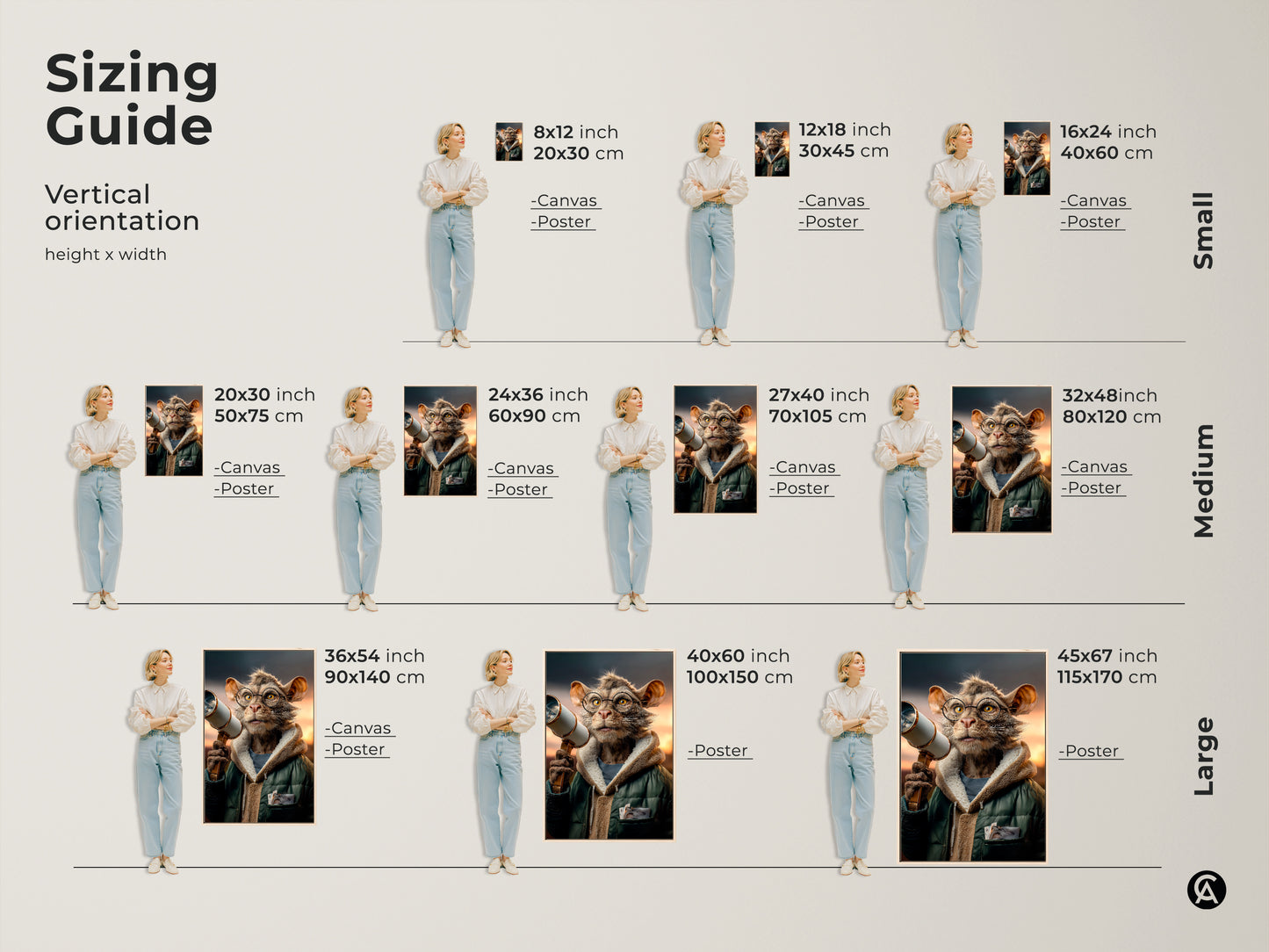 Sizing guide for surreal cat artwork in vertical orientation. This guide demonstrates how the canvas and poster prints look in different sizes. From small 8x12 to large 45x67 find the perfect fit for your wall. Whimsical animal wall art for any cat lover.