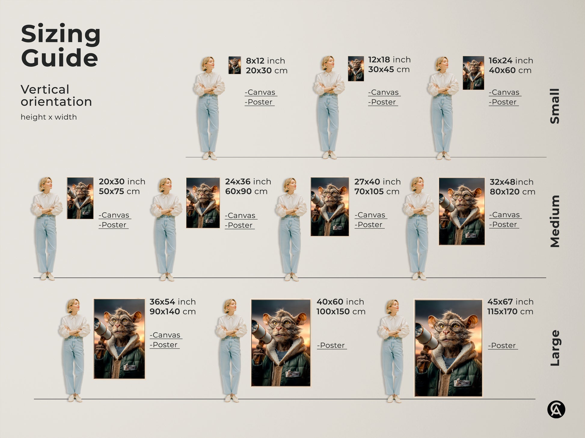 Sizing guide for surreal cat artwork in vertical orientation. This guide demonstrates how the canvas and poster prints look in different sizes. From small 8x12 to large 45x67 find the perfect fit for your wall. Whimsical animal wall art for any cat lover.