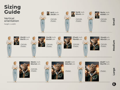 Sizing guide for surreal cat artwork in vertical orientation. This guide demonstrates how the canvas and poster prints look in different sizes. From small 8x12 to large 45x67 find the perfect fit for your wall. Whimsical animal wall art for any cat lover.