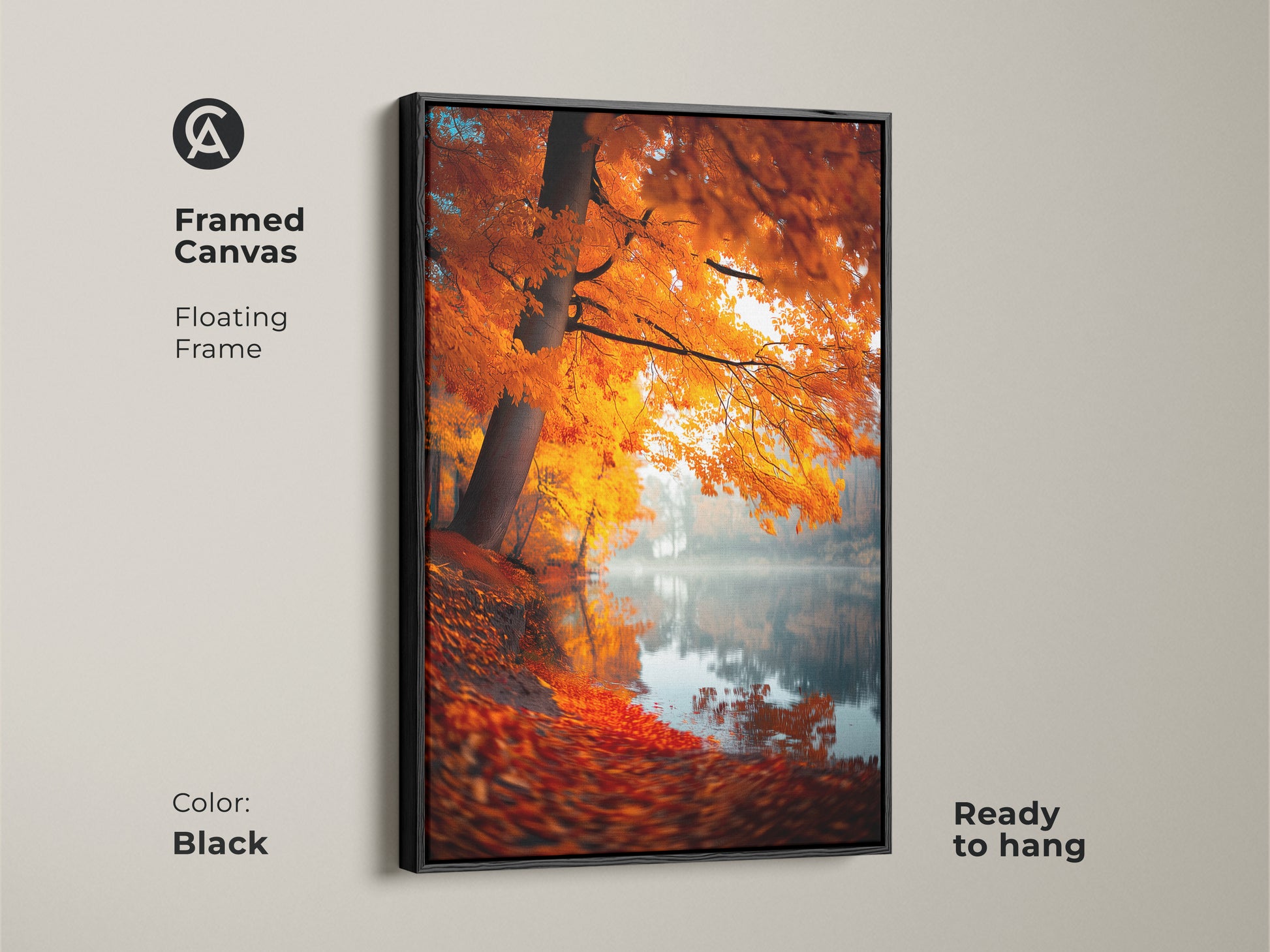 Black framed canvas of an autumn lake scene. The floating frame enhances the vibrant colors of the fall foliage. This ready-to-hang artwork brings a touch of nature to your home decor. Explore our framed canvas options today.