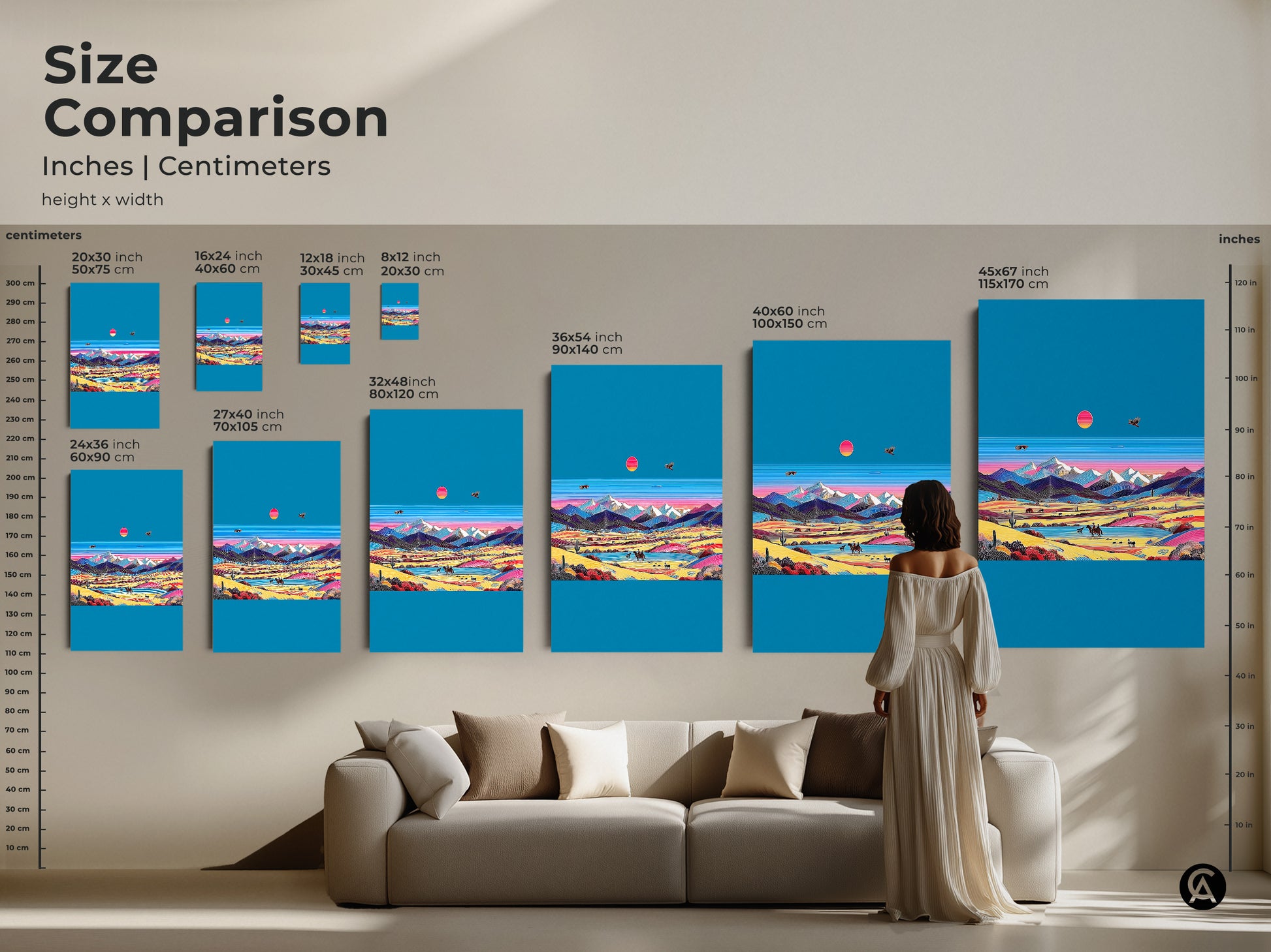 Size comparison of a retro wave desert landscape artwork. Available in sizes from small to large. See how it fits above a couch. A vintage cowboy and mountain scene canvas. Eclectic teal and pink wall decor. A boho travel gift idea.