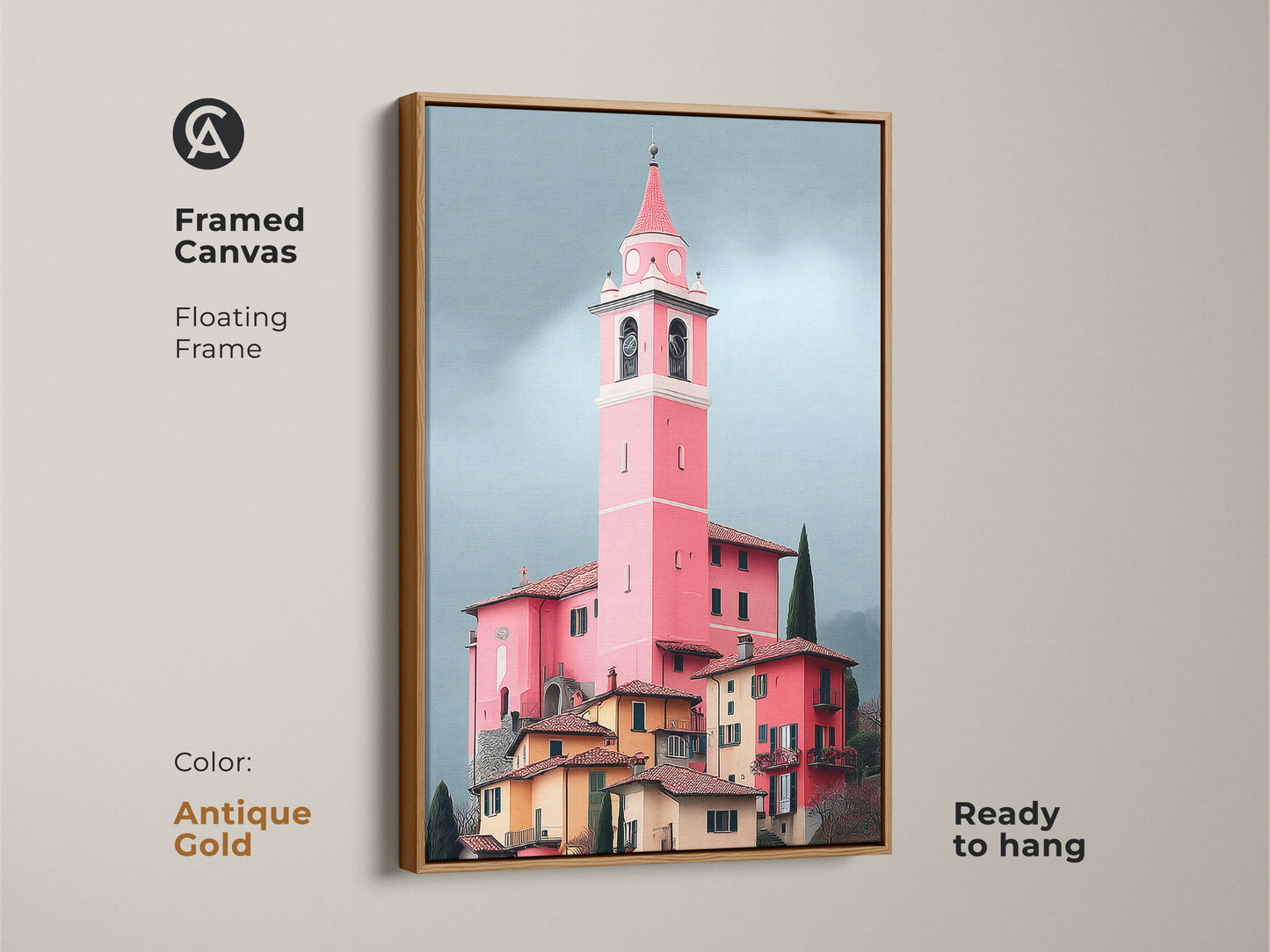 Framed canvas in antique gold featuring pink church tower art print. Floating frame enhances European village artwork. Italian architecture painting adds to travel inspired decor.