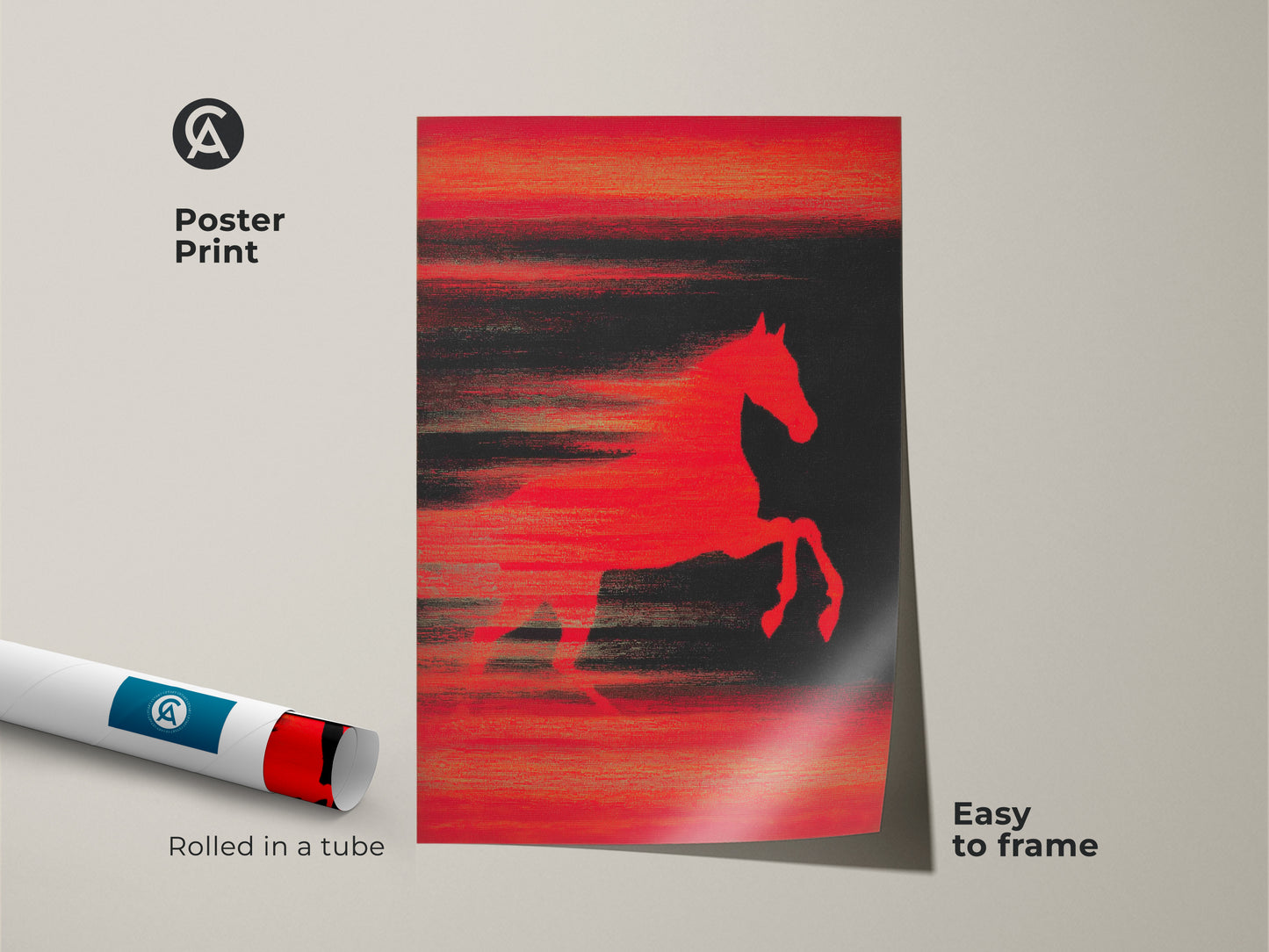 Poster Print of Abstract Horse Art. A bold red and black horse artwork is rolled in a tube. This modern animal art is easy to frame. This striking print brings a contemporary aesthetic to any space. Ideal for horse enthusiasts and collectors of abstract animal paintings.