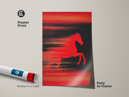 Poster Print of Abstract Horse Art. A bold red and black horse artwork is rolled in a tube. This modern animal art is easy to frame. This striking print brings a contemporary aesthetic to any space. Ideal for horse enthusiasts and collectors of abstract animal paintings.