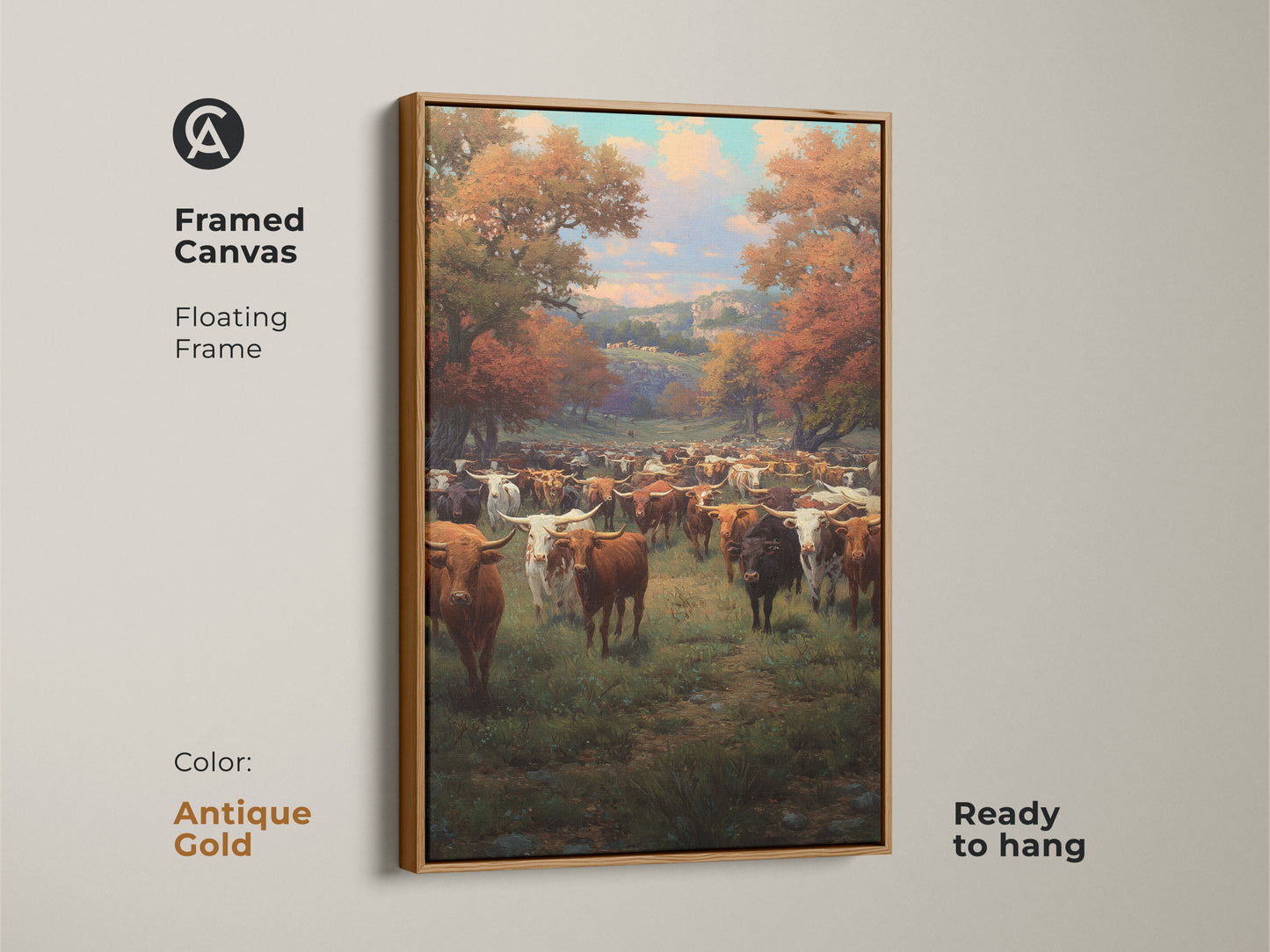 Framed canvas in antique gold featuring a longhorn cattle herd among autumn foliage. This ready to hang floating frame elevates the rustic wall art. This unique western gift adds nature and animal subject to any residential space. Great country western home decor.