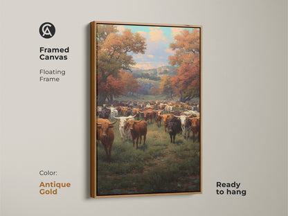 Framed canvas in antique gold featuring a longhorn cattle herd among autumn foliage. This ready to hang floating frame elevates the rustic wall art. This unique western gift adds nature and animal subject to any residential space. Great country western home decor.