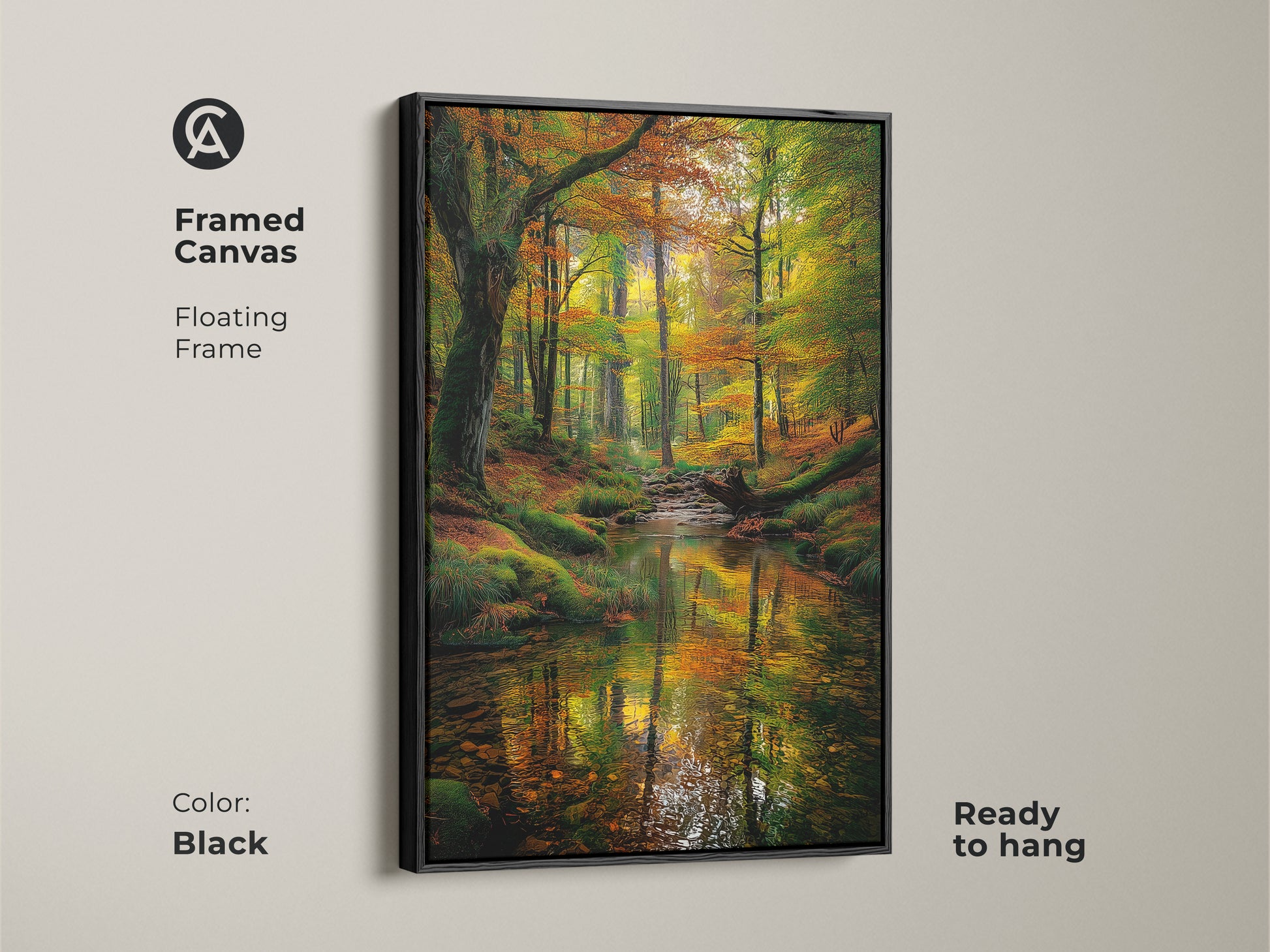 Framed canvas artwork showcasing a vibrant forest stream scene. The floating frame in black adds a modern touch. This ready-to-hang wall art brings nature's beauty into your home. The autumn colors and tranquil water offer a calming atmosphere. A great focal point for any room.