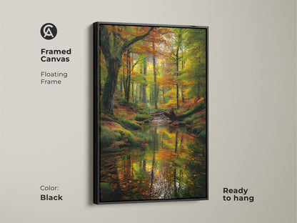 Framed canvas artwork showcasing a vibrant forest stream scene. The floating frame in black adds a modern touch. This ready-to-hang wall art brings nature's beauty into your home. The autumn colors and tranquil water offer a calming atmosphere. A great focal point for any room.
