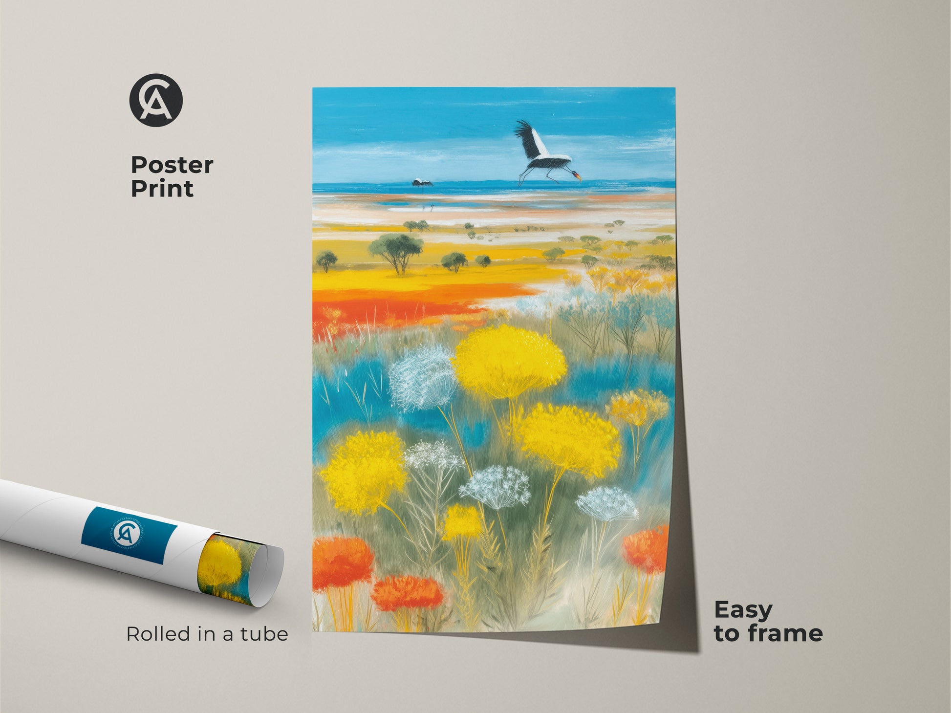 Poster print of a sky blue golden yellow art. The artwork showcases a crane flying over a wildflower meadow. Easy to frame and rolled in a tube for protection. A perfect piece of nature wildlife wall art. Ideal for adding a touch of the outdoors. Great for a home office or bedroom.