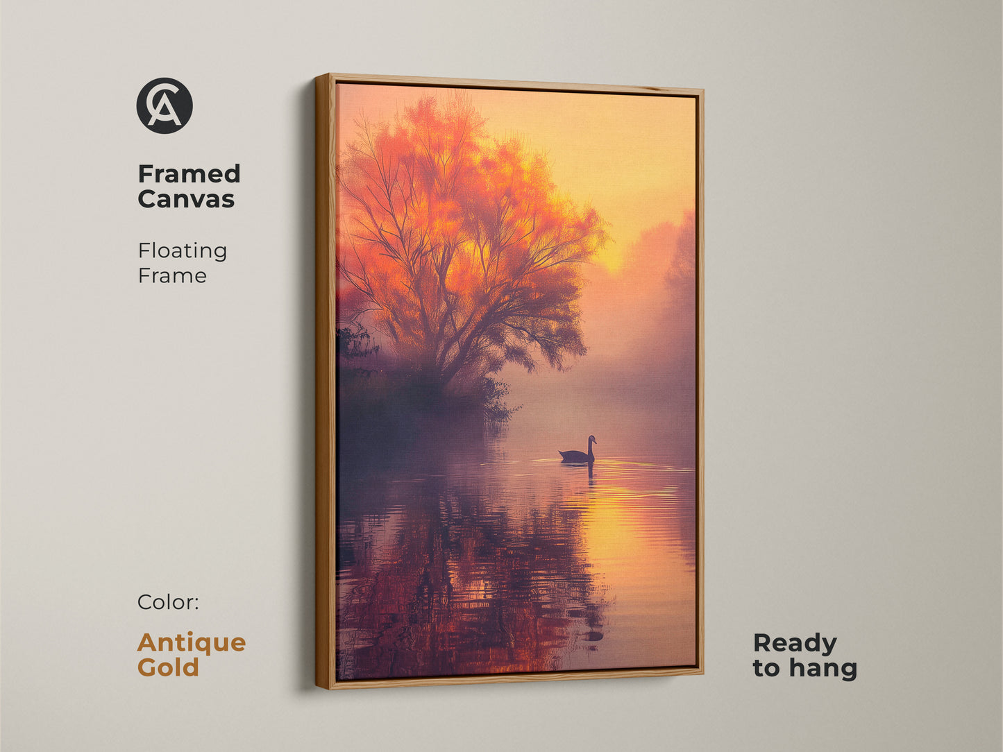This framed canvas art showcases a serene lake with a swan. The sunset and orange tree create a warm glow. The floating frame in antique gold adds elegance. It is ready to hang. Elevate your decor with this stunning artwork. Explore our range of framed canvases.