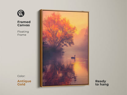 This framed canvas art showcases a serene lake with a swan. The sunset and orange tree create a warm glow. The floating frame in antique gold adds elegance. It is ready to hang. Elevate your decor with this stunning artwork. Explore our range of framed canvases.