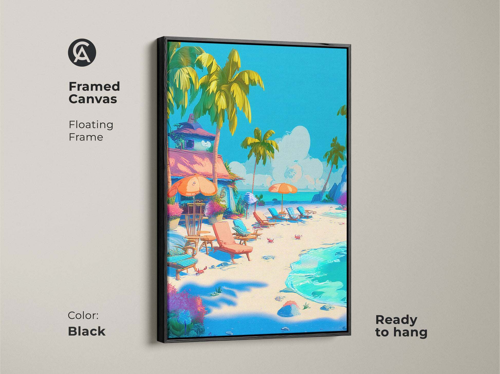 Framed canvas artwork featuring a tropical beach with a floating frame. The black frame enhances the serene beach scene with palm trees. This ready to hang piece adds a sophisticated touch to any space. Enjoy the coastal vibe.