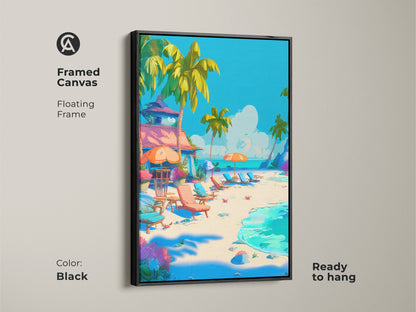 Framed canvas artwork featuring a tropical beach with a floating frame. The black frame enhances the serene beach scene with palm trees. This ready to hang piece adds a sophisticated touch to any space. Enjoy the coastal vibe.