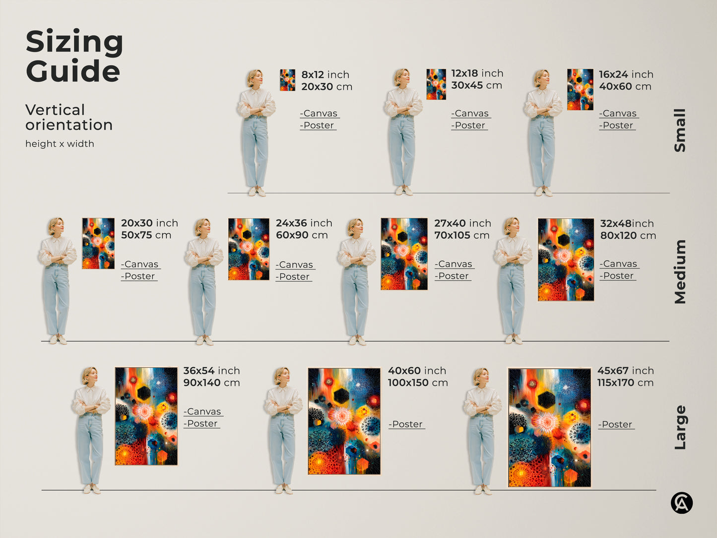 Sizing guide for vertical geometric abstract wall art. Visualize canvas and poster art in sizes from small to large. Find the perfect fit for your space with orange blue and teal mandala patterns. Elevate your eclectic home or office decor today