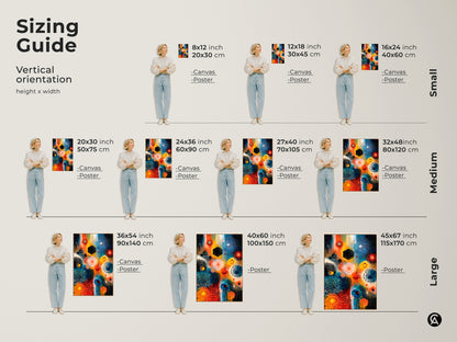 Sizing guide for vertical geometric abstract wall art. Visualize canvas and poster art in sizes from small to large. Find the perfect fit for your space with orange blue and teal mandala patterns. Elevate your eclectic home or office decor today