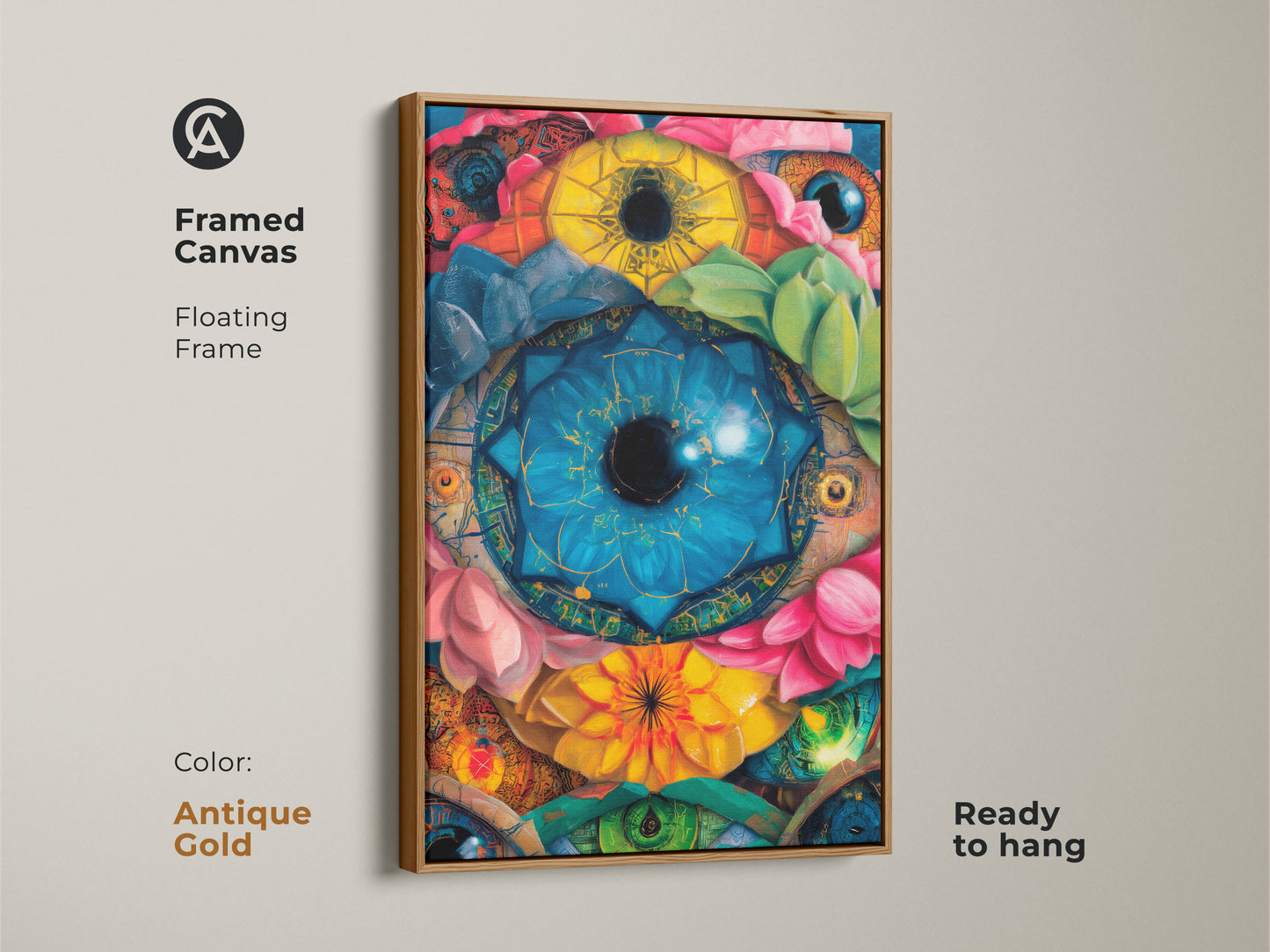This framed canvas has a floating frame showcasing surreal eyes botanical artwork. The antique gold frame enhances its vibrant colors. This psychedelic lotus succulent canvas is ready to hang a perfect eclectic home decor print. Perfect mindfulness gift art.