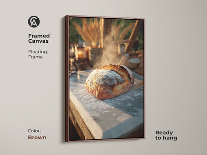 Framed canvas art with a floating brown frame featuring artisan bread artwork. Warm golden brown and cream tones evoke a rustic farmhouse charm. Perfect for kitchen wall decor. This cream baking artwork brings culinary inspiration to any home. A great gift for bakers.